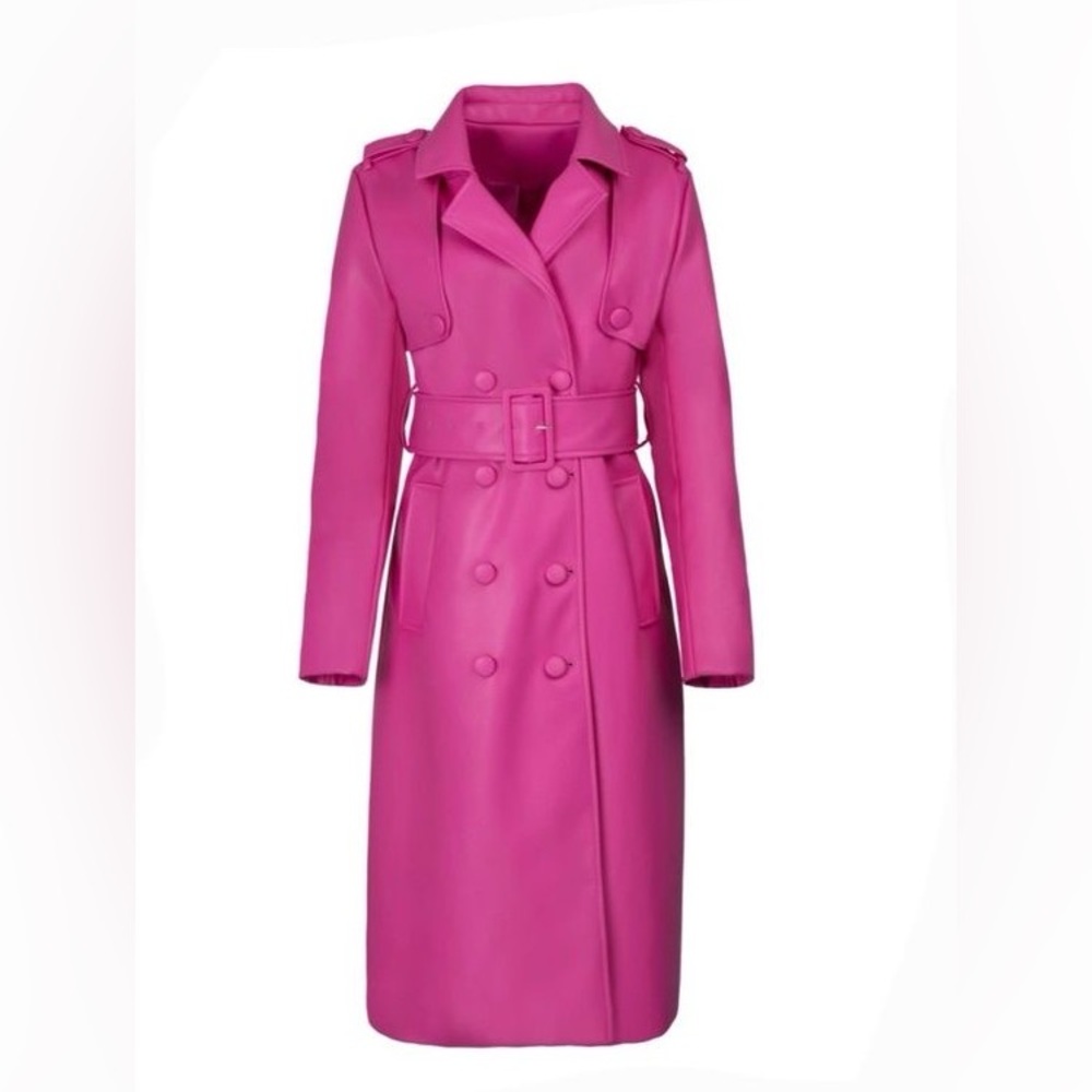 NWT. Size 8. Hot pink vegan leather trenchcoat.
